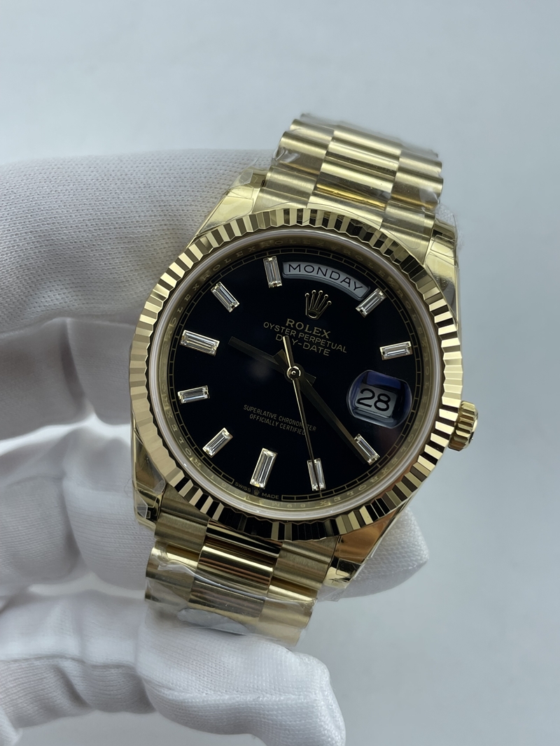 (준비완료/특급배송)NO.3662/QP공장 롤렉스 데이데이트40 옐로우골드 텅스텐 블랙바게트다이얼 스틸브레이슬릿 208~211g로